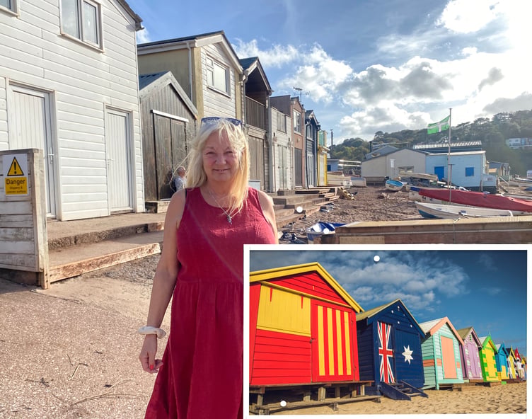 Teignmouth Town Councillor Penny Lloyd at Teignmouth's Back Beach and (inset) Melbourne's famous painted Brighton Beach Huts on Dendy Beach. Photo: Arnas Goldberg