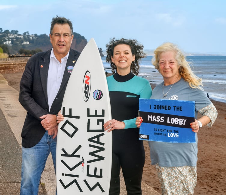 Martin Wrigley MP, Hannah Millwood from Surfers Against Sewage and Teignmouth town councillor Penny Lloyd at the local lobbying event